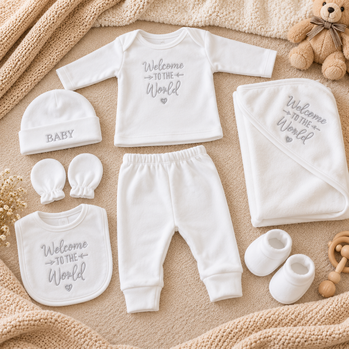 White newborn Welcome to the World 11-piece starter set flatlay with embroidered shirt, trousers, BABY cap, bib, mittens, booties and matching wrap blanket.