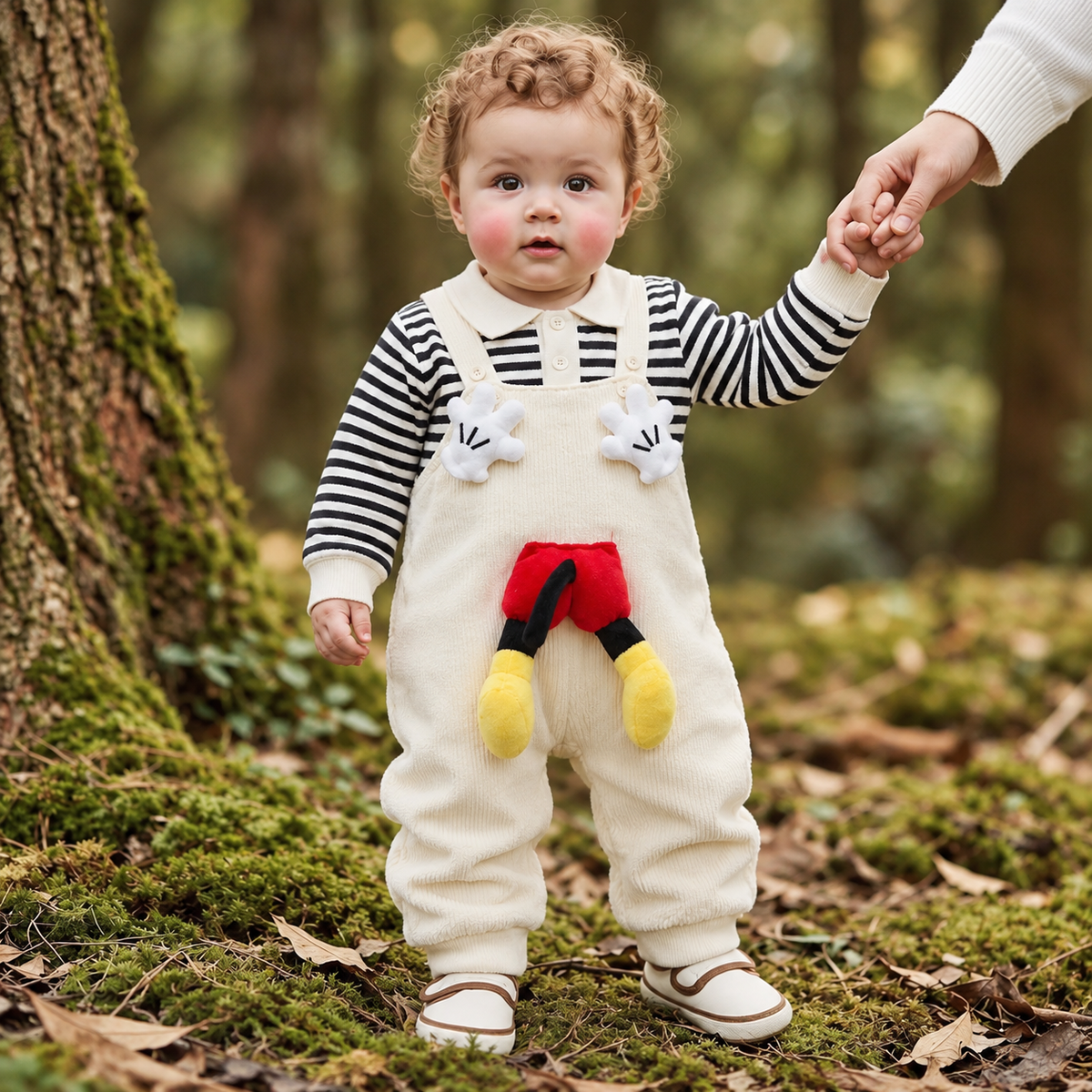 Toddler wearing the Cream knit-look dungaree and Black striped collared shirt outdoors, with raised white glove appliques and colourful front leg detail.