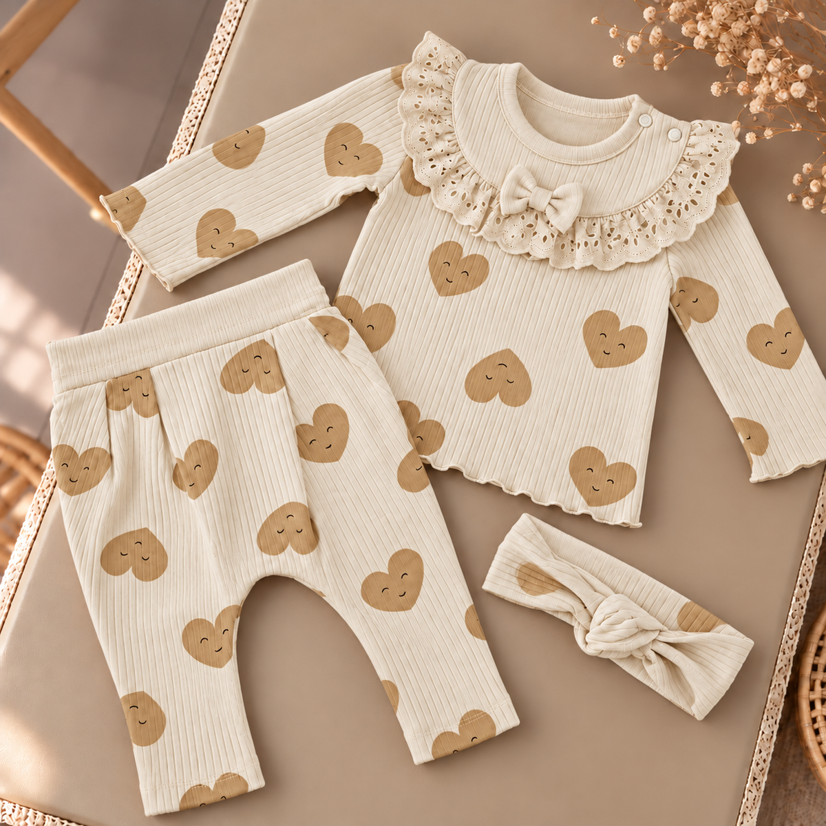 Close flat-lay view of the cream baby bear-face cotton suit with eyelet-style ruffle neckline, centre bow, printed trousers and headband.