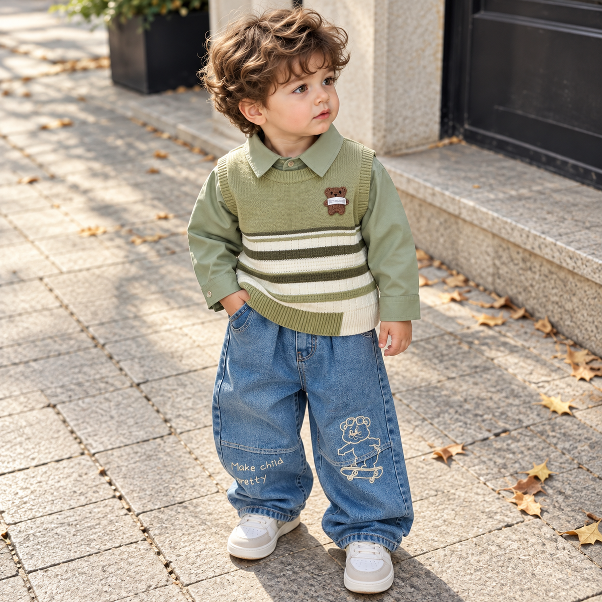 Toddler wearing the Olive Green striped knit vest, matching collared shirt and loose Blue denim-look trousers with bear graphic during an autumn street-style pose.