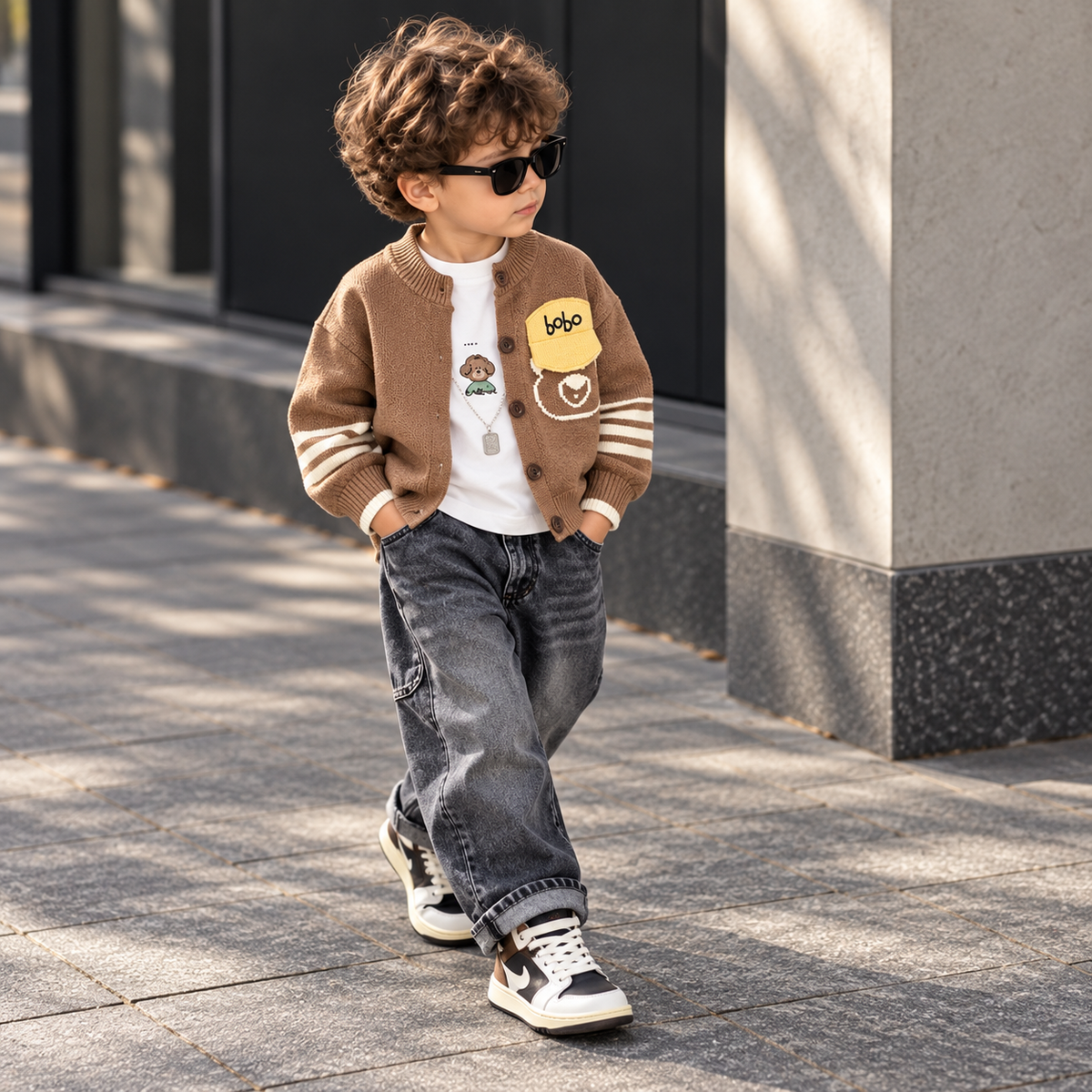 Curly-haired boy wearing the Brown Bobo bear knit cardigan, White printed shirt and dark denim-look pants 3-piece set outdoors, showing striped sleeves and cardigan patches.