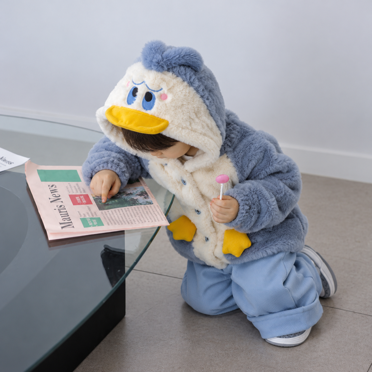 Child wearing the Blue duck hooded plush jacket and ribbed trouser set while kneeling beside a glass table, showing the raised Yellow duck-foot front details.
