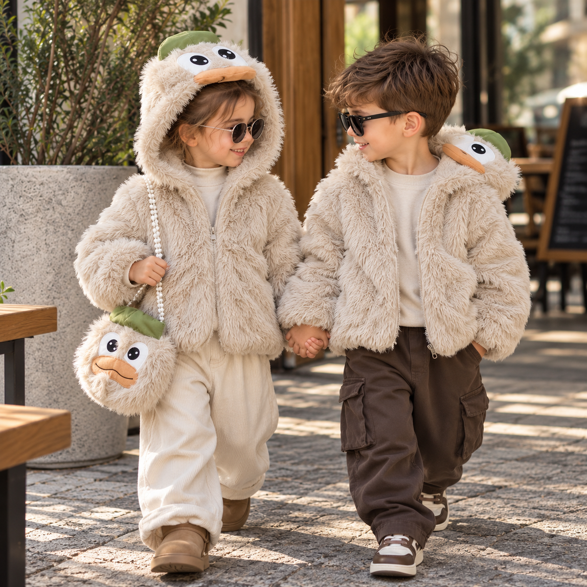Two children wearing Brown plush duck-face hooded jackets outdoors, showing the fluffy finish, Olive Green hood top and raised Orange duck bill.