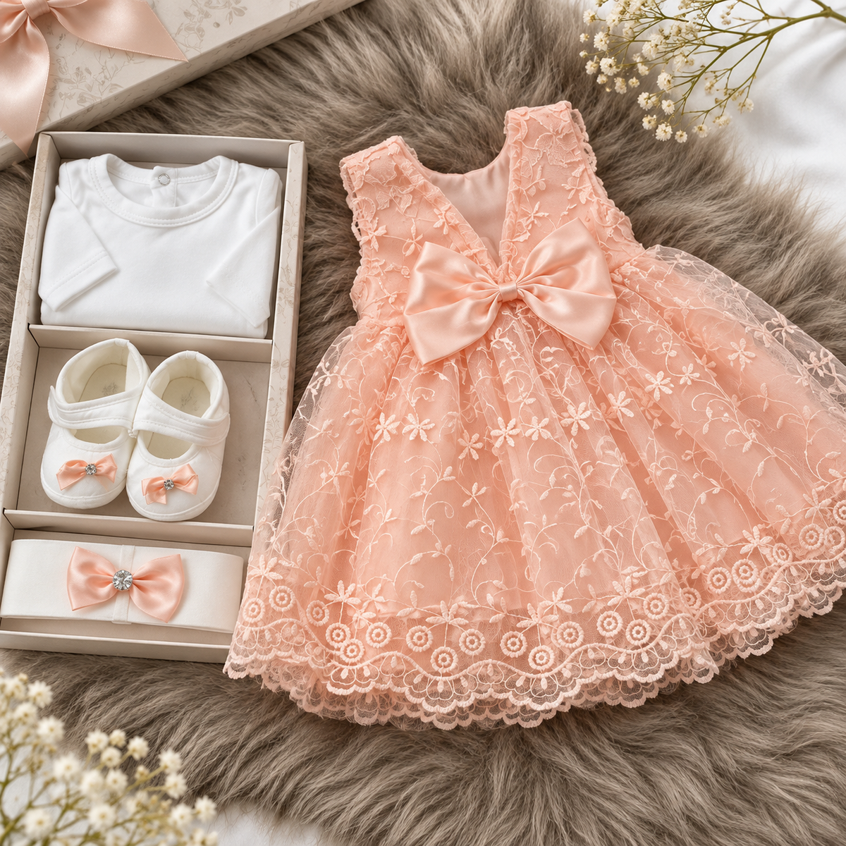 Peach embroidered lace frock set laid flat with a White long-sleeve inner, White Peach-bow shoes and matching Peach bow headband.