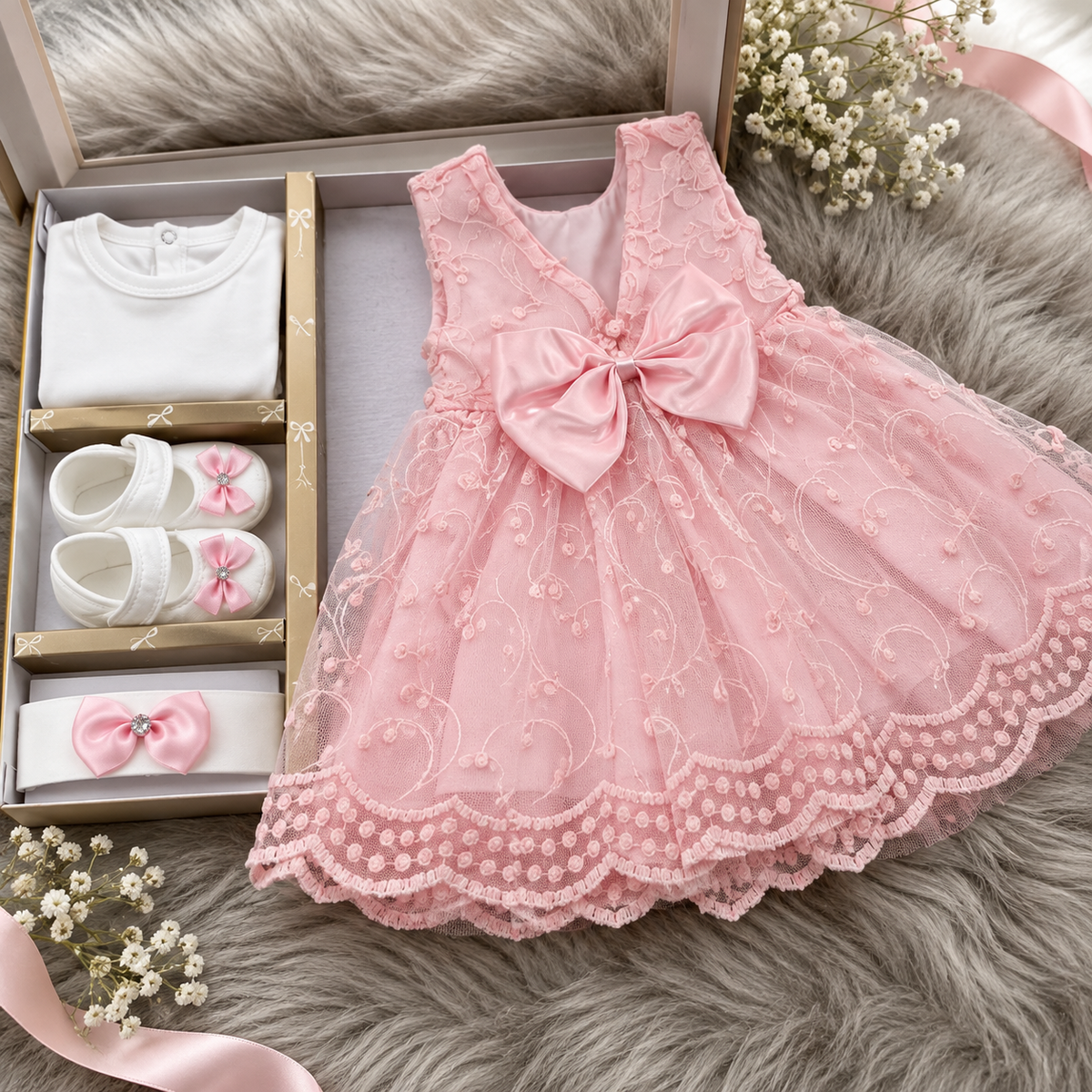 Pink sleeveless embroidered lace frock displayed with a White long-sleeve inner, Pink bow shoes and matching jewel-centre bow headband in a gift box.
