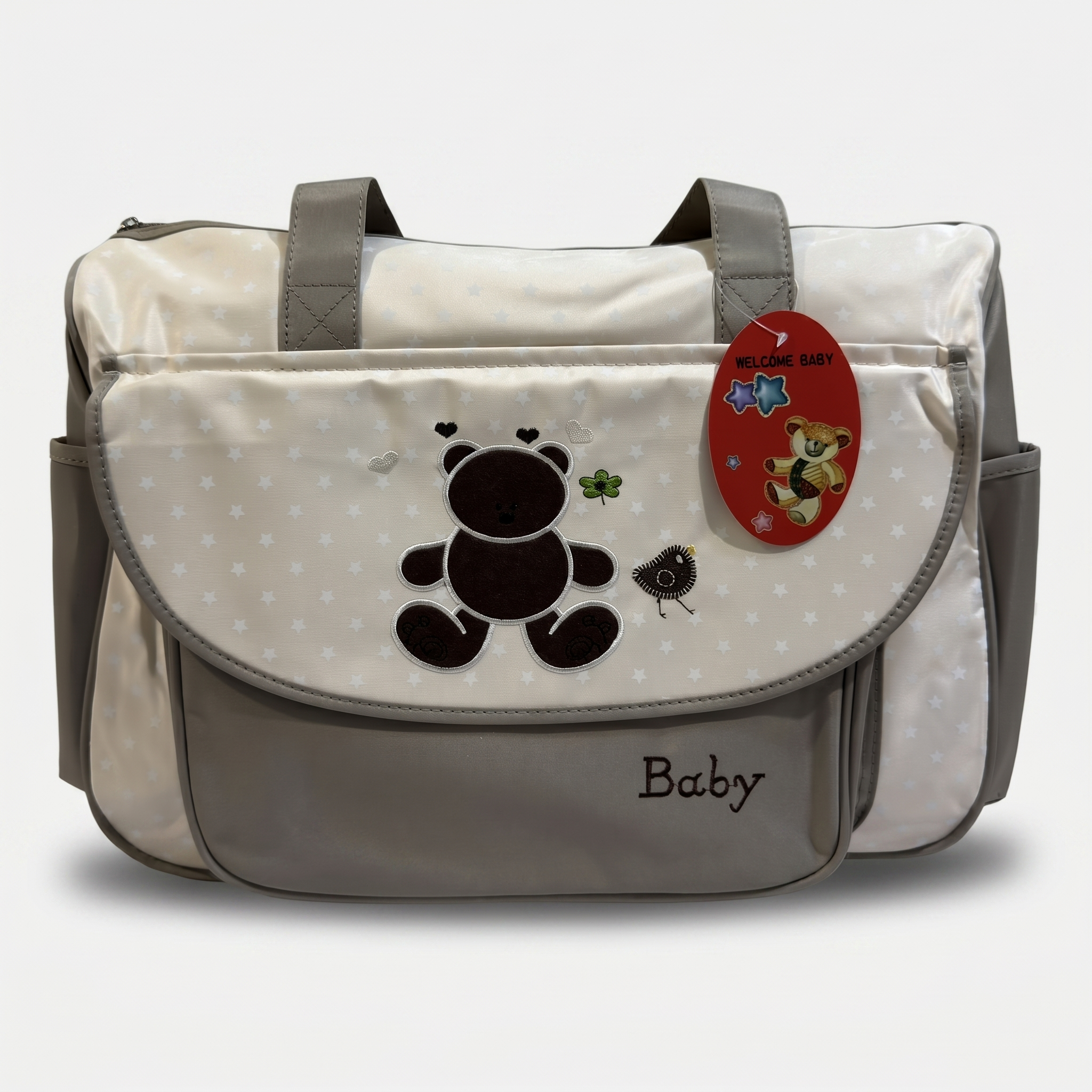 Sweet Bear Baby Diaper Bag – Cream & Grey