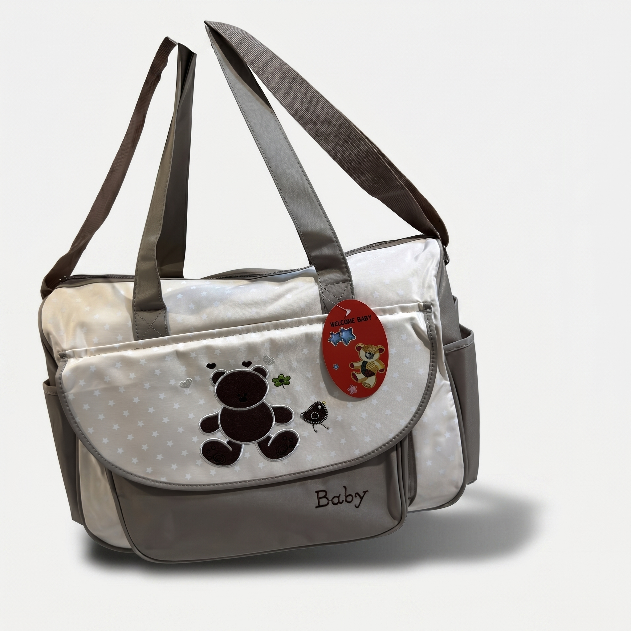 Sweet Bear Baby Diaper Bag – Cream & Grey