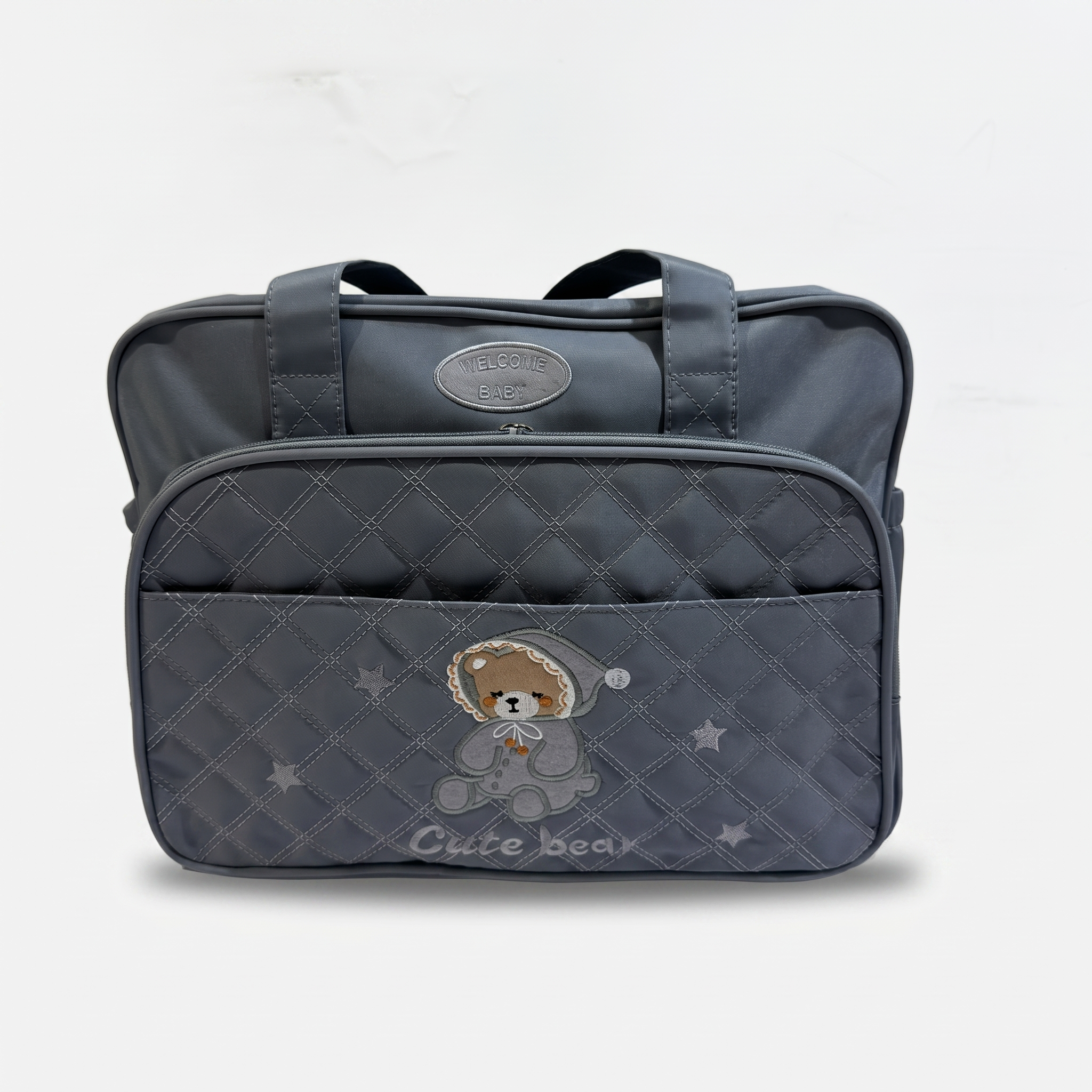 Cute Bear Quilted Baby Diaper Bag – Charcoal Grey