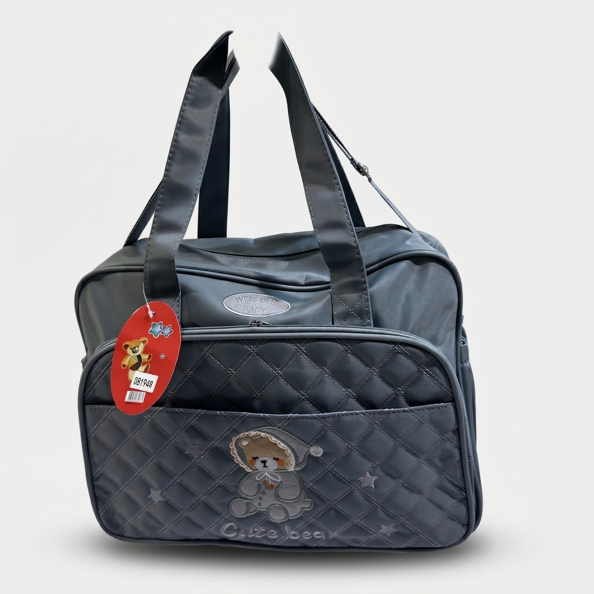 Cute Bear Quilted Baby Diaper Bag – Charcoal Grey