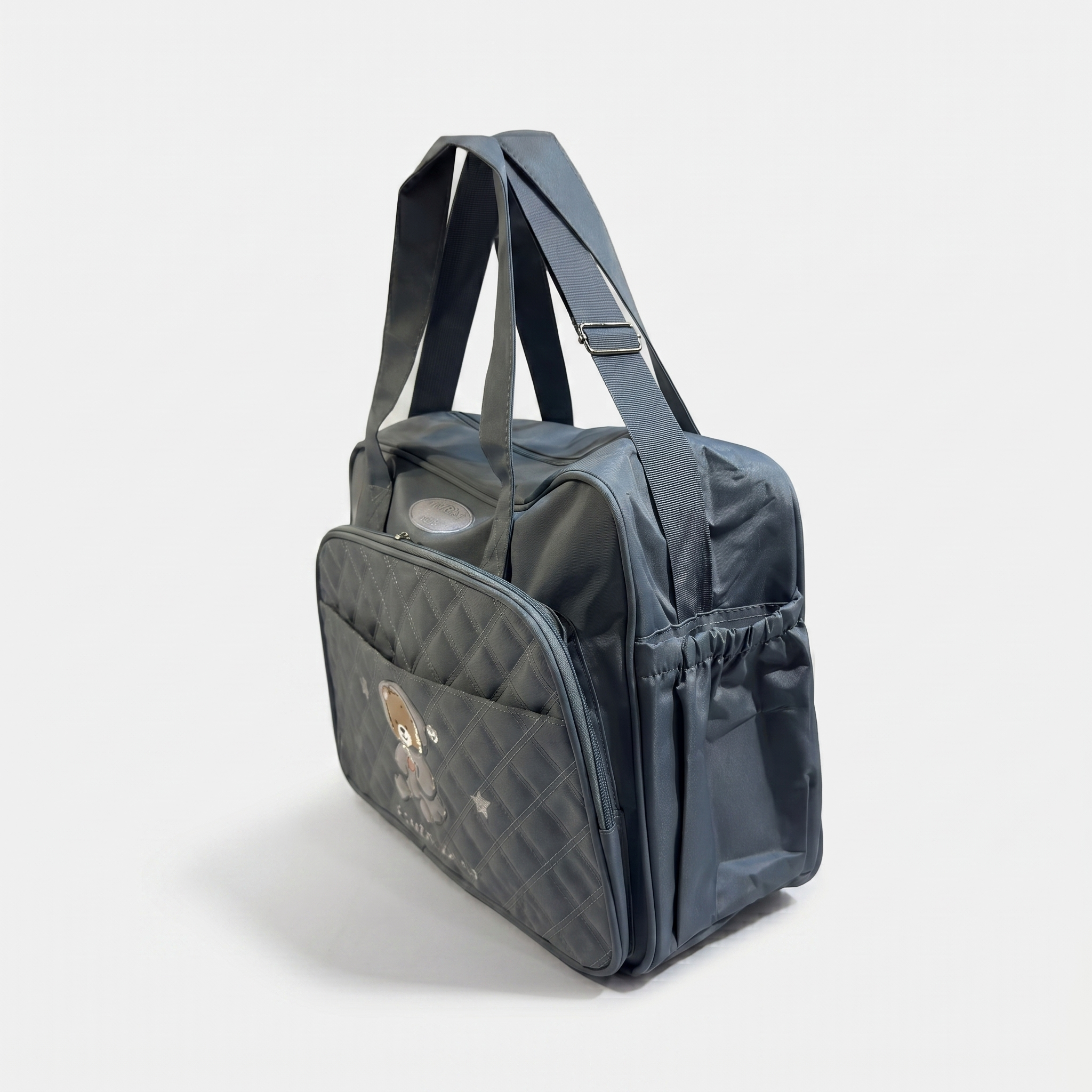 Cute Bear Quilted Baby Diaper Bag – Charcoal Grey