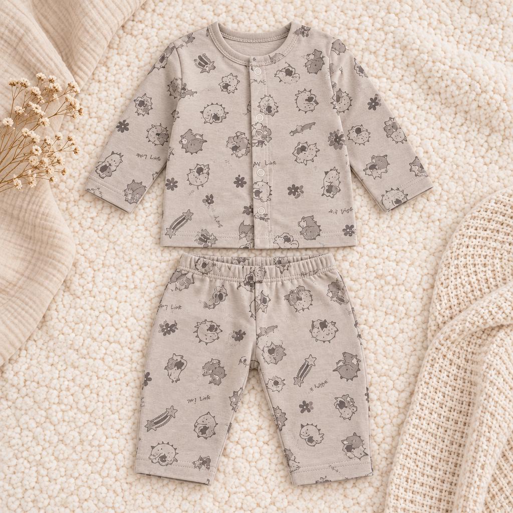Flat lay of the grey newborn dino print fleece shirt and elastic-waist trouser set, showing the round-neck snap-front shirt and all-over print.
