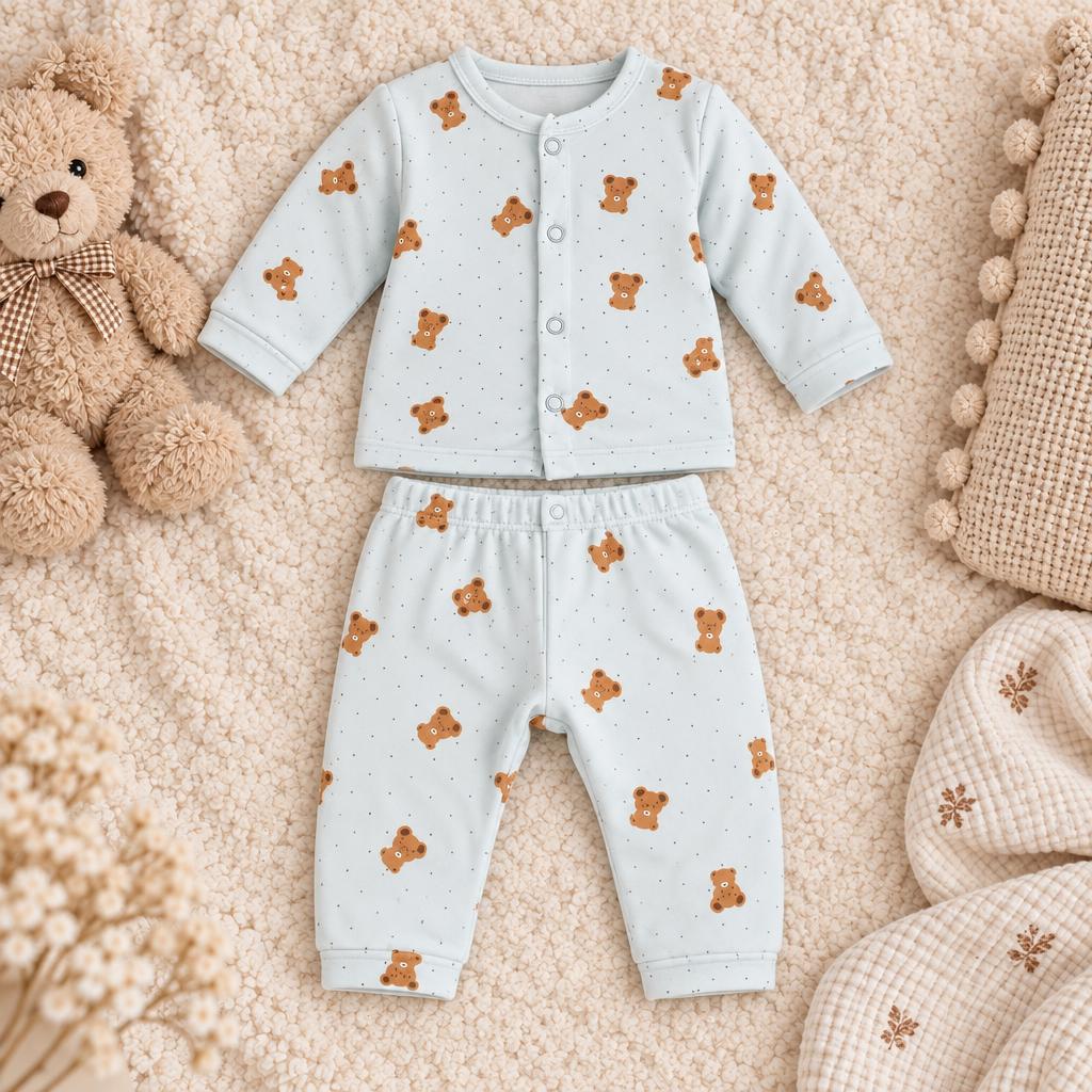 Flat lay of the mint green newborn teddy print fleece shirt with snap buttons and matching elastic-waist trouser.