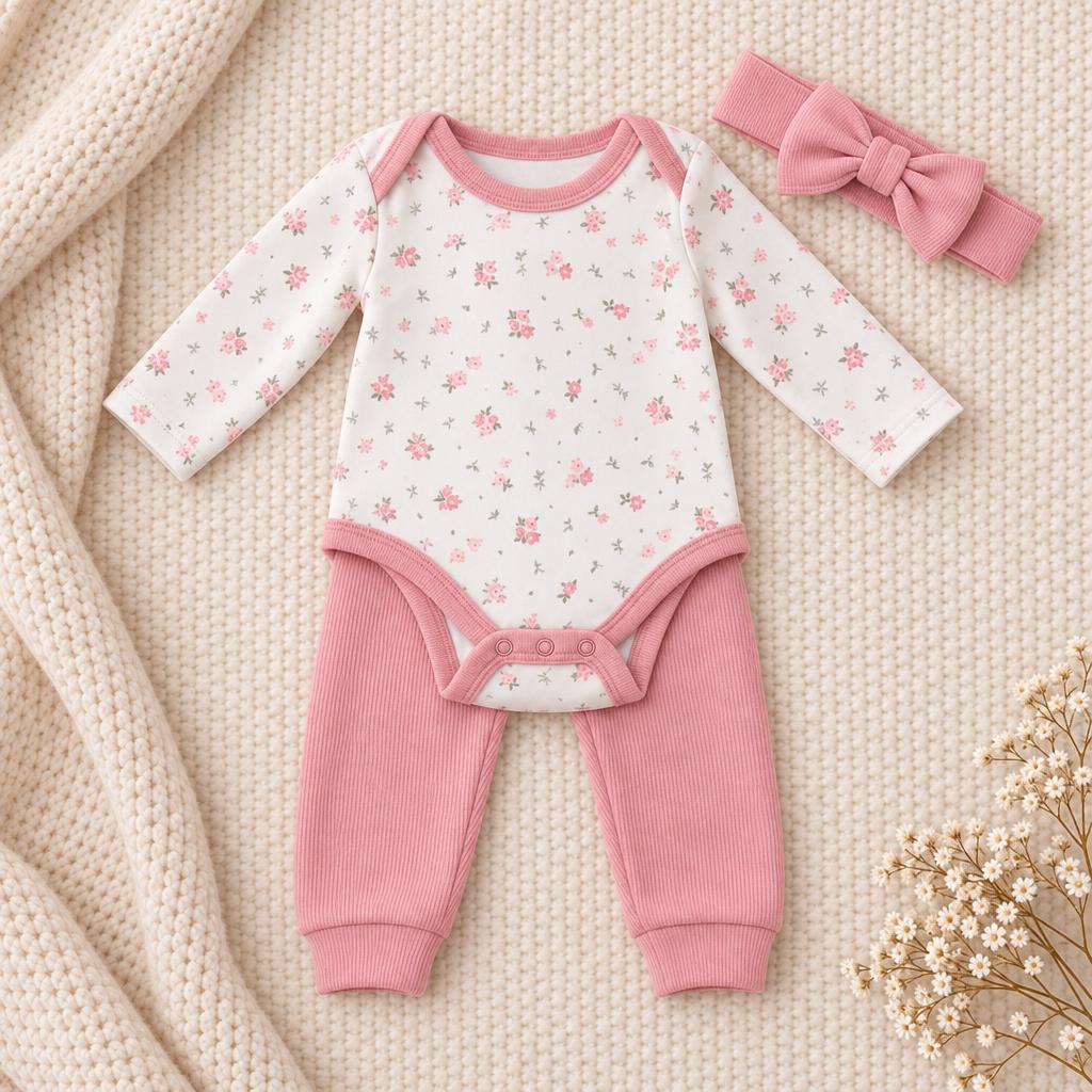 Flat lay of White floral long-sleeve bodysuit with Pink trim and snap crotch, paired with Pink ribbed-look trousers and a Pink bow headband.