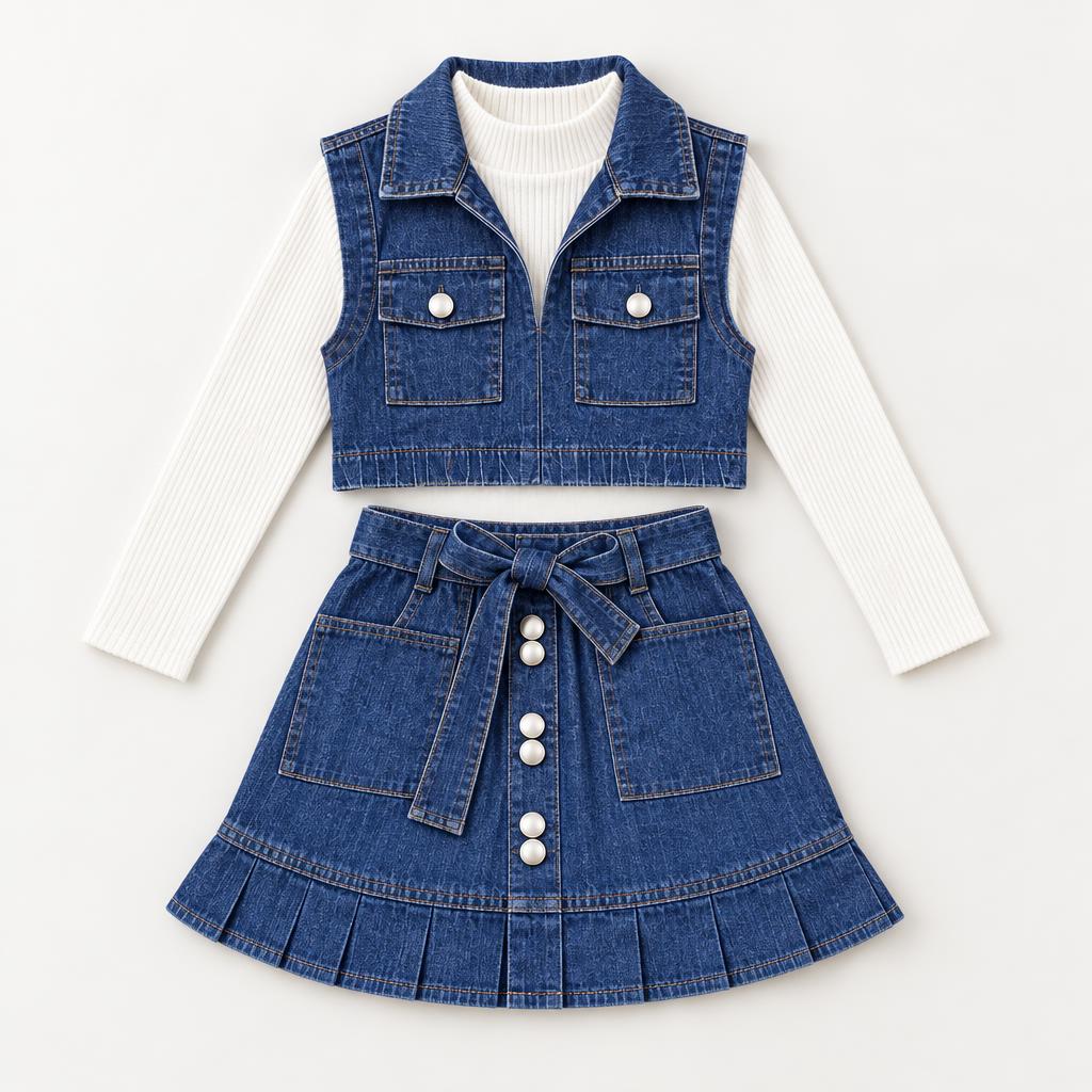 Flat lay of the girls Blue denim-look vest, White ribbed high-neck inner and matching bow-waist pleated skirt with patch pockets.