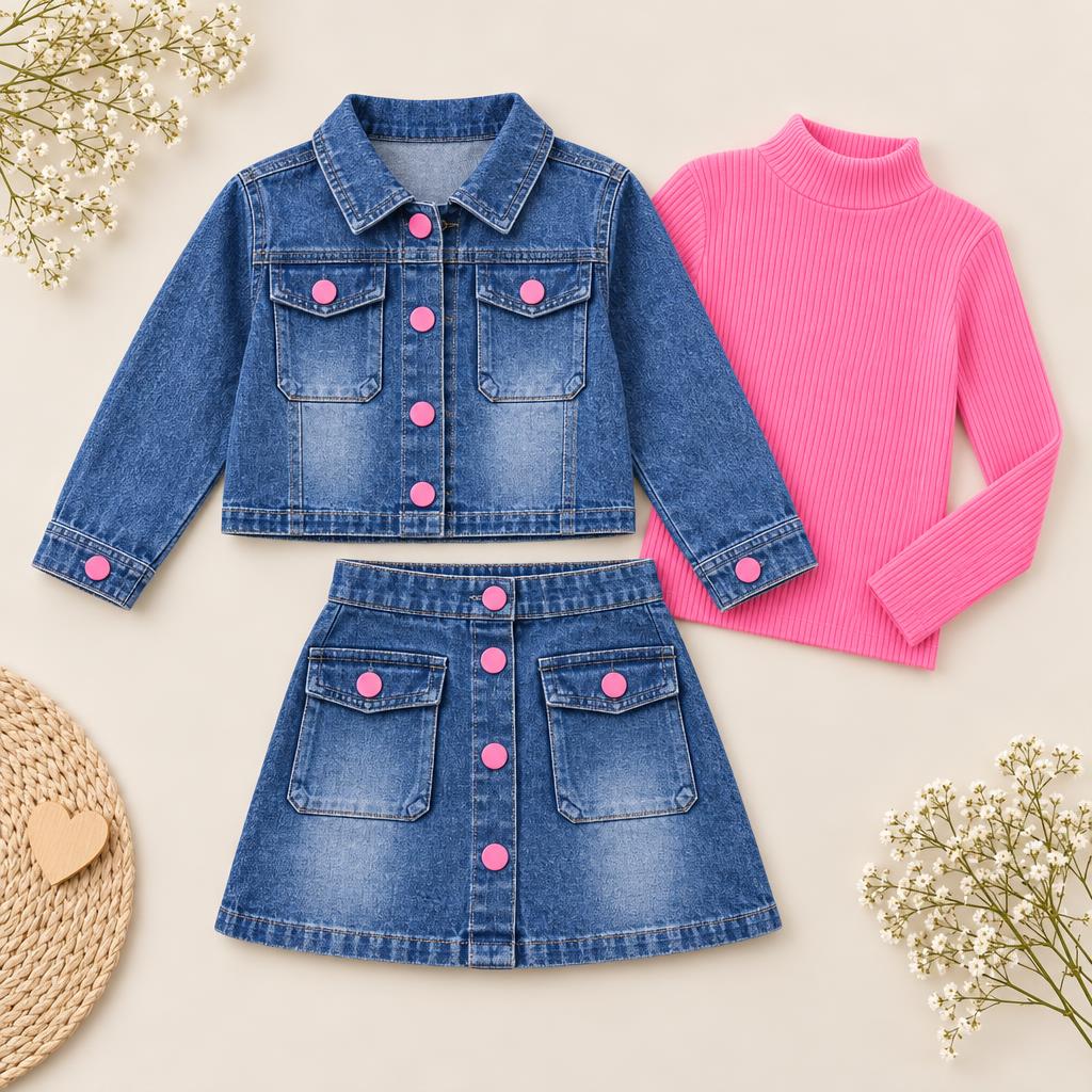 Flat lay of the Pink ribbed high-neck inner, Blue denim-look button jacket and matching pocket skirt from the girls 3-piece set.