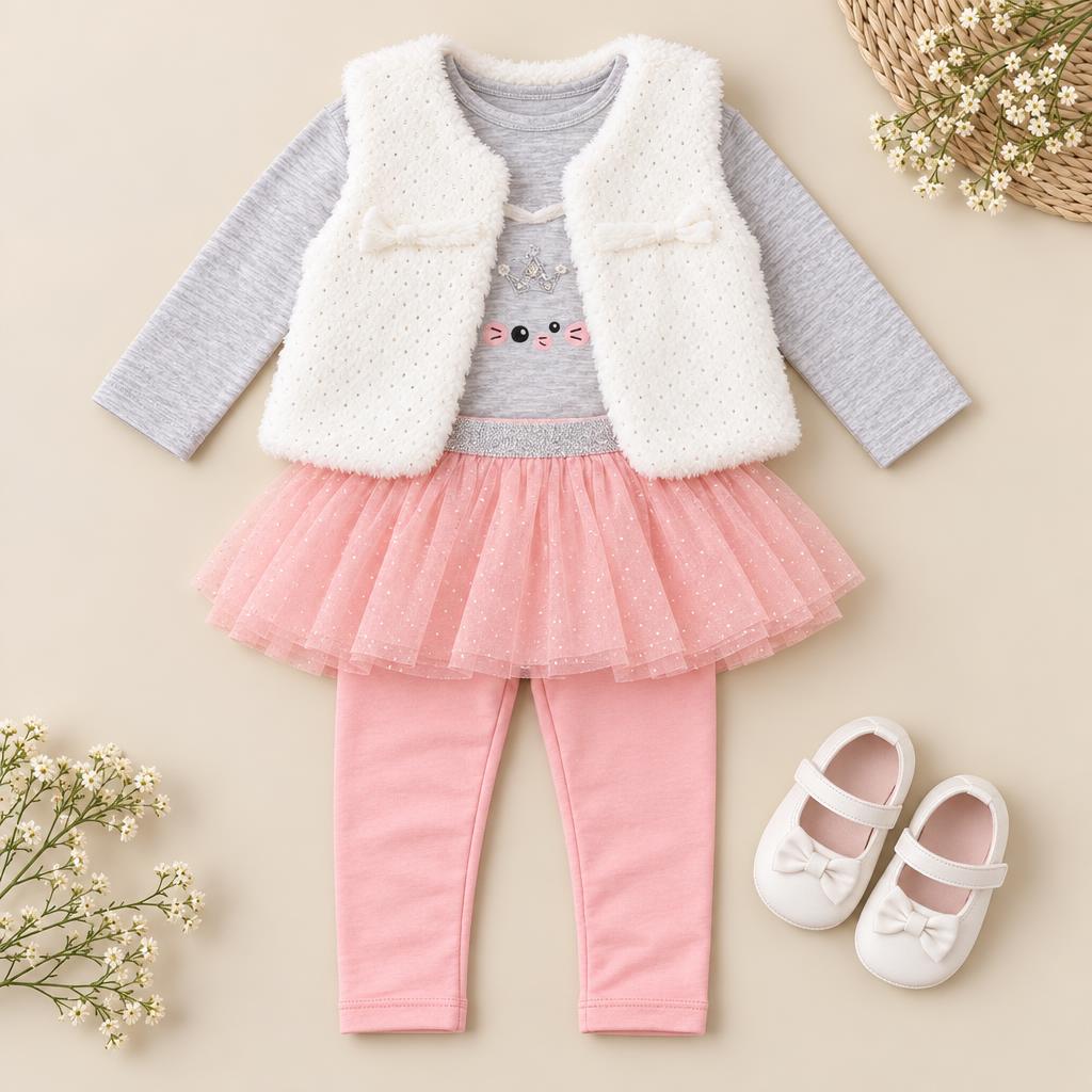 Faba Kids size chart for the baby kitty tulle body suit, waistcoat and trouser 3pc set, showing 6-9, 9-12 and 12-18 month measurements in inches.