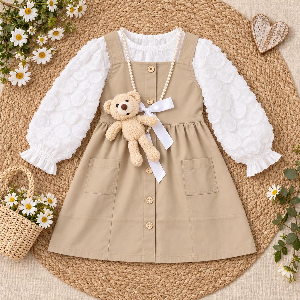 Flat lay of the Beige button-front pinafore frock and White textured puff-sleeve shirt, showing two front patch pockets, waist bow and gathered skirt.