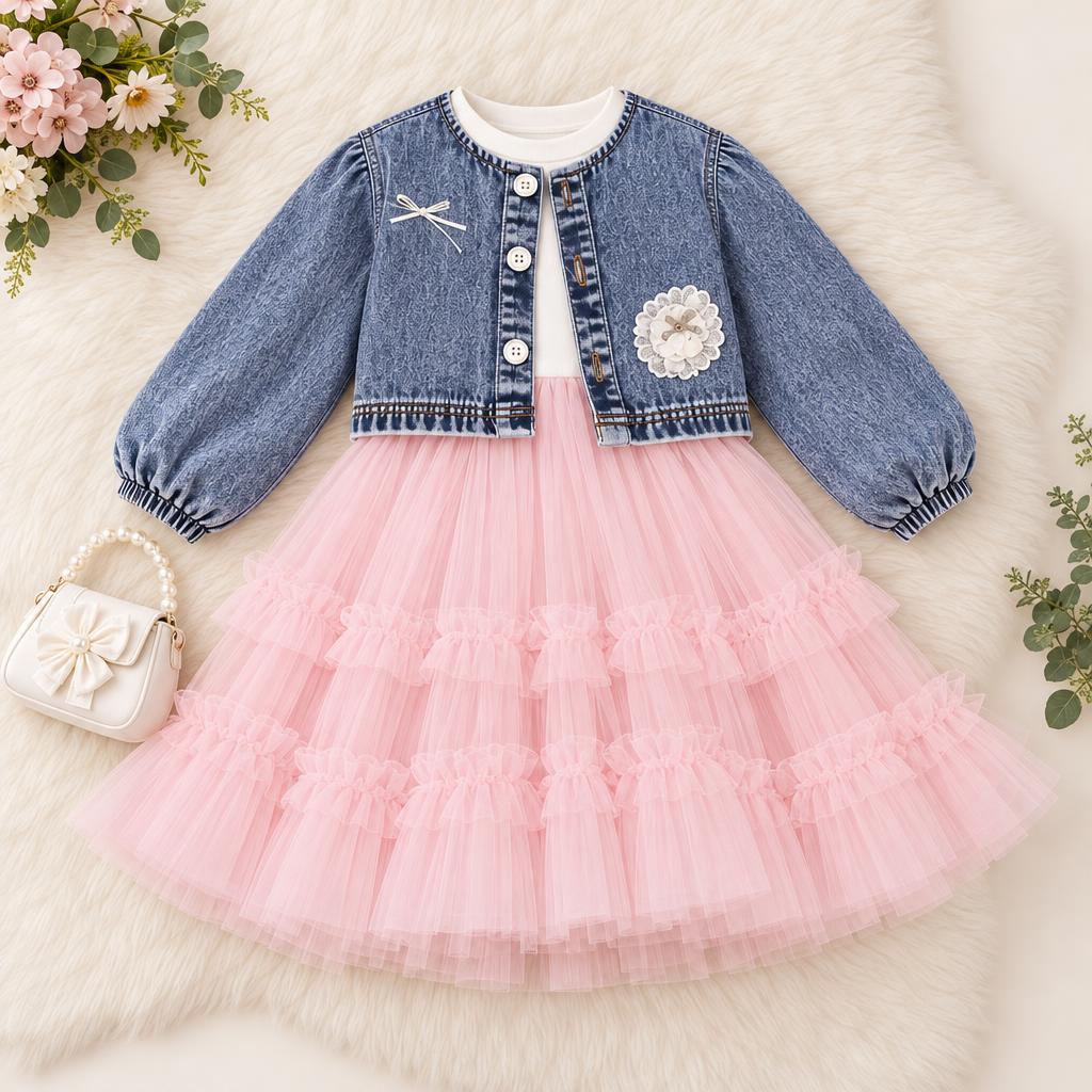 Flat lay of the Girls Blue denim-look flower jacket and Pink tiered tulle frock set, with bow detail and gathered ruffle skirt.