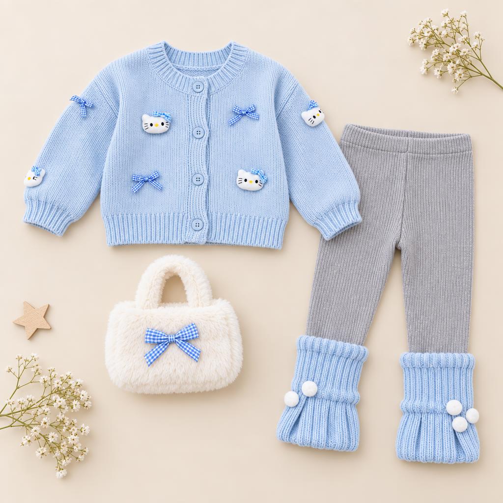 Faba Kids size chart for the Sky Blue cardigan and ribbed tights 2PC set, showing shirt and tights measurements for 12-18 months to 4-5 years.