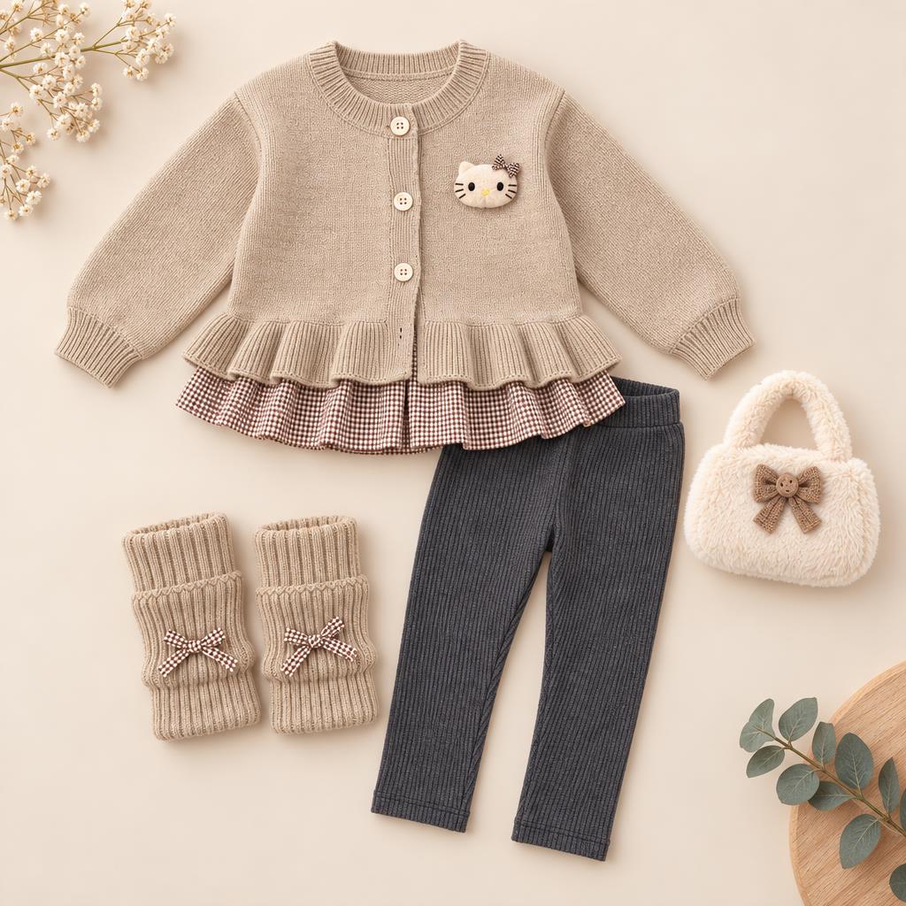Flat lay of the Brown girls kitty applique ruffle sweater and Dark Grey ribbed tights 2pc set, showing the checked layered hem and knit-look texture.
