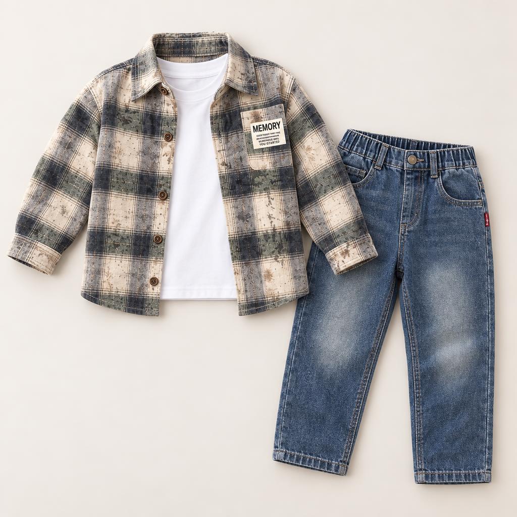 Flat lay of Black and Cream check button shirt with White round-neck inner and Blue denim-look elastic-waist baggy pants.