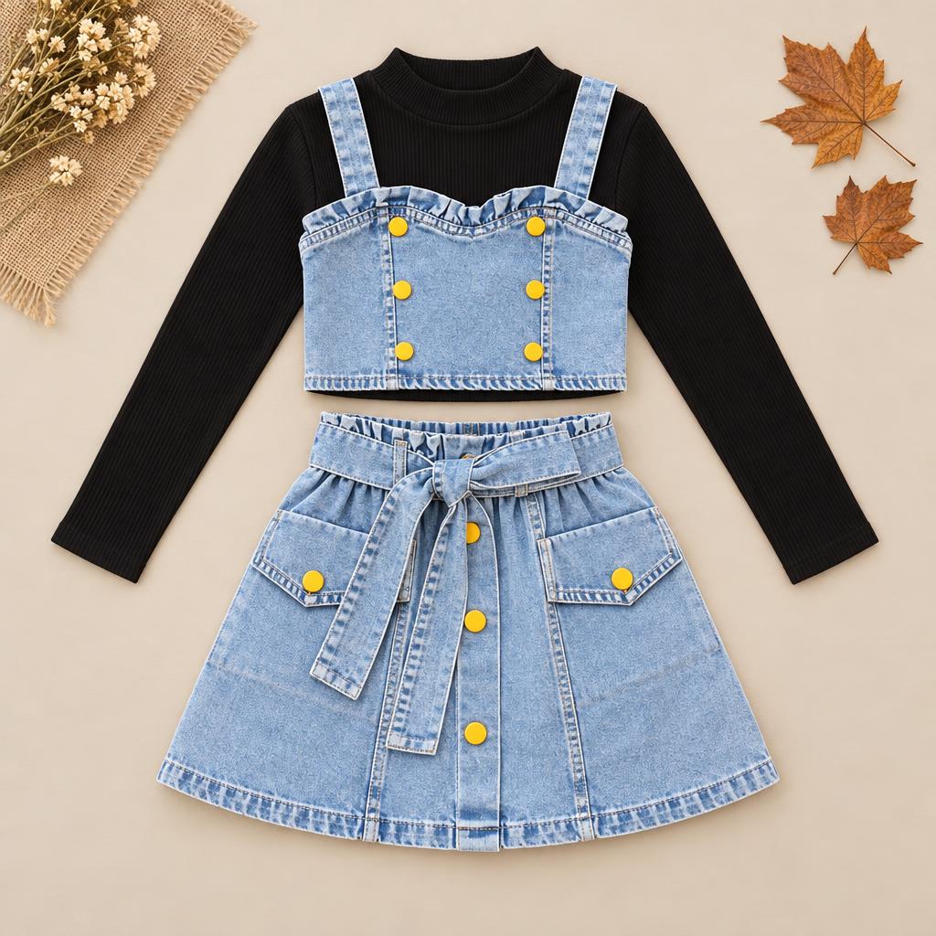 Flat lay of the Black ribbed high-neck inner, cropped ruffle-edge denim waistcoat and matching belted pocket skirt.