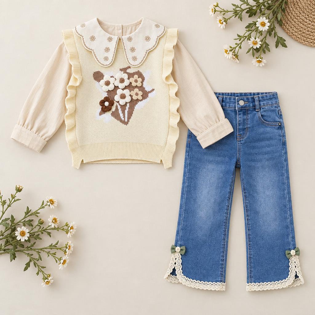 Flat lay of girls Cream floral applique knit sweater and scallop-collar shirt with Blue denim-look pants featuring lace-trimmed floral bow hems.
