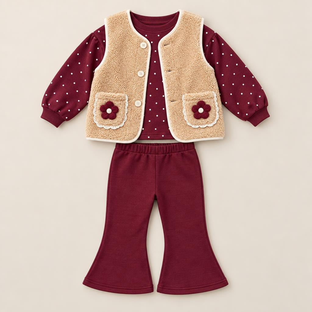 Flat lay of the Maroon three-piece baby sweater suit with dotted long-sleeve top, Beige button-front teddy waistcoat with flower pockets and flared trousers.