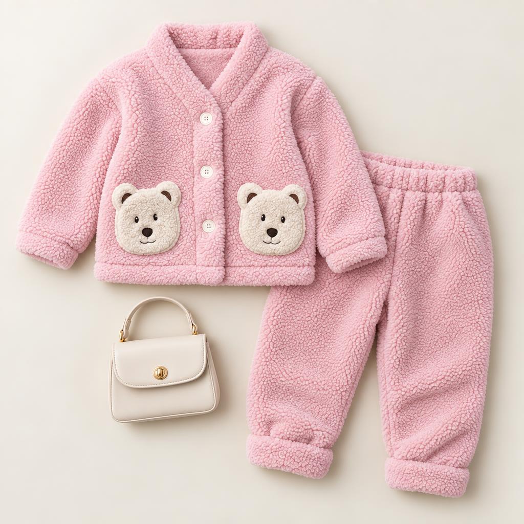 Flat lay of the Pink shaggy jacket and elastic-waist trouser 2PC suit, showing the button front, teddy bear face details and cuffed hems.