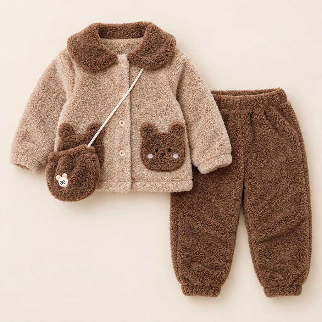 Flat lay of the Brown 3-piece shaggy winter set with light Brown bear-pocket button jacket, Dark Brown cuffed trousers and matching bear crossbody bag.