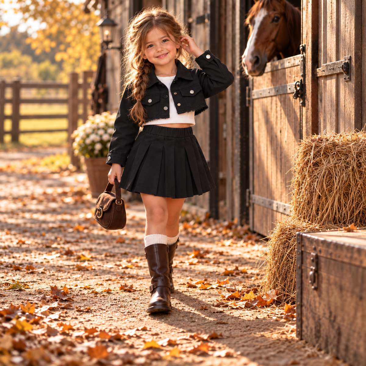 Girls Cropped Jacket, Ribbed Inner & Pleated Skirt 3PC Set