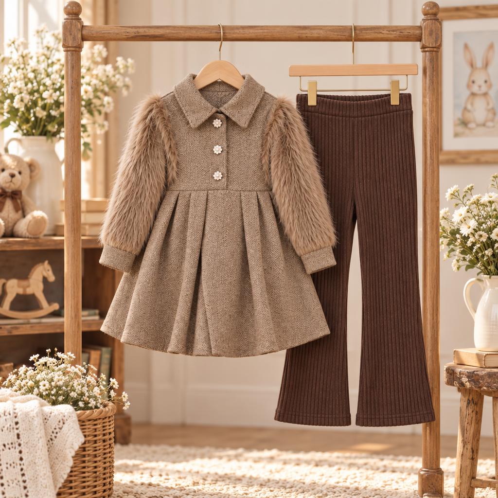 Hanger display of the brown girls frock and matching ribbed tights, showing the collared button-front frock and furry sleeve trim.
