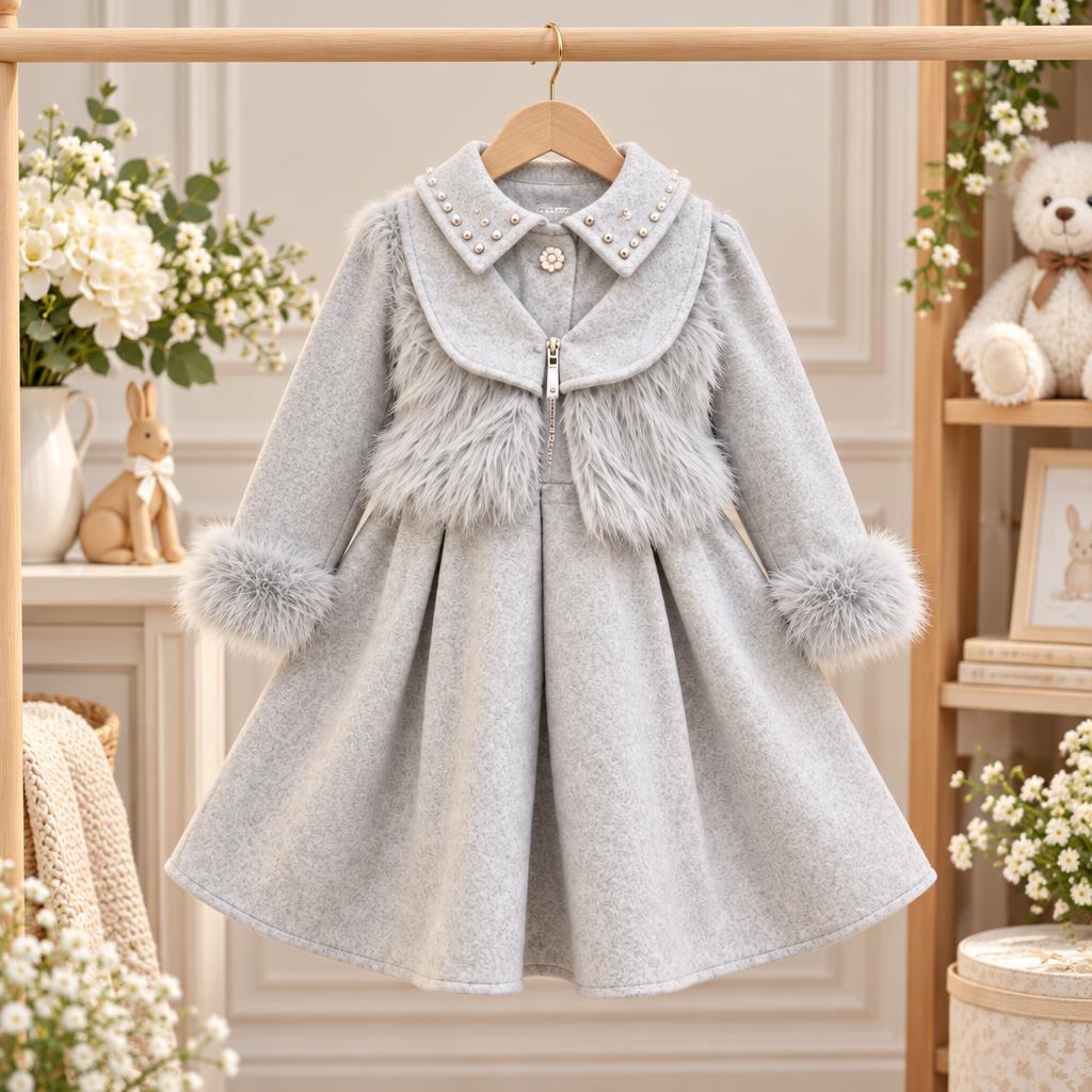 Faba Kids size chart for girls fur panel frock and tights set, showing frock and tights measurements in inches for sizes 5-6 years to 8-9 years.