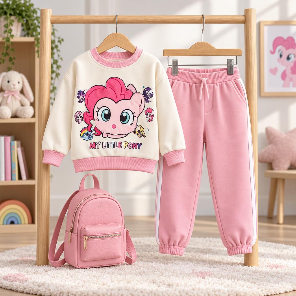 Pink girls pony print sweatshirt and matching striped jogger trousers displayed on wooden hangers, showing the front character print and drawstring waist.