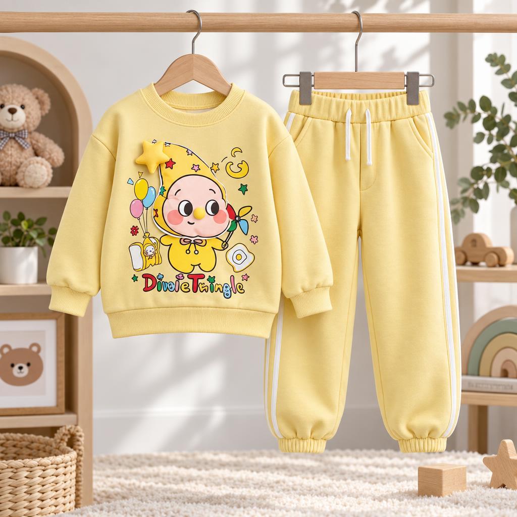 Hanger display of the Yellow kids sweatshirt and jogger set, showing the colourful front character print, drawstring waist and white side stripes.