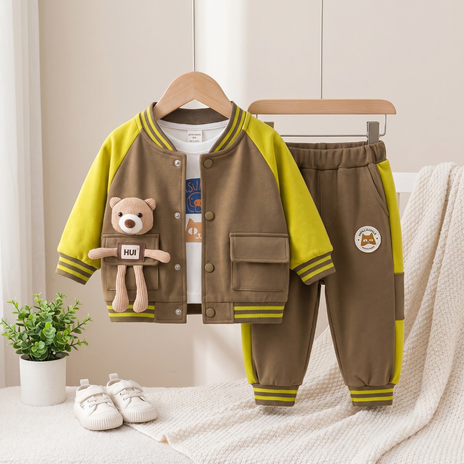Cute Bear Varsity 3-Piece Kids Tracksuit Set (Jacket, T-Shirt & Jogger Pants)