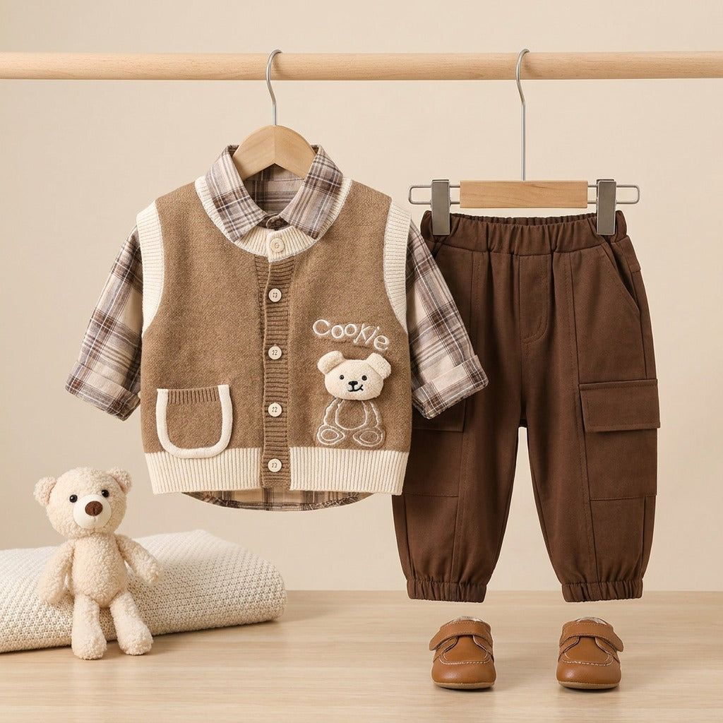 3-Piece Boys Cookie Bear Knitted Vest Outfit Set