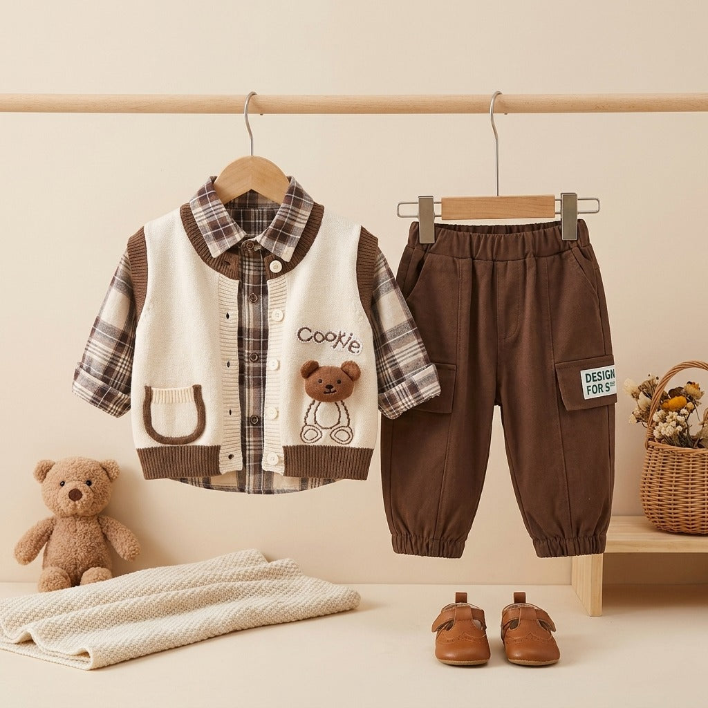 3-Piece Boys Cookie Bear Knitted Vest Outfit Set