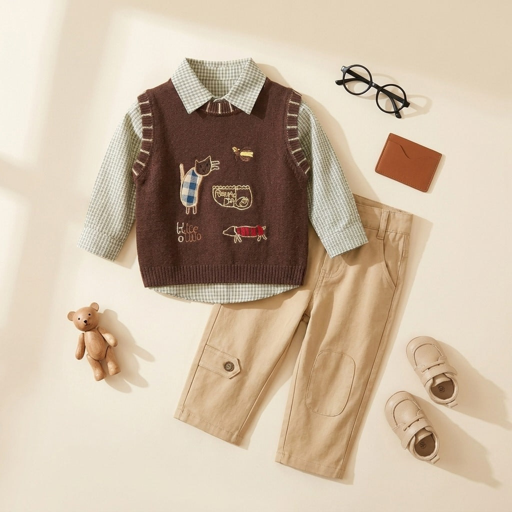 3-Piece Boys Smart Winter Sweater Vest Outfit Set – Brown & Beige