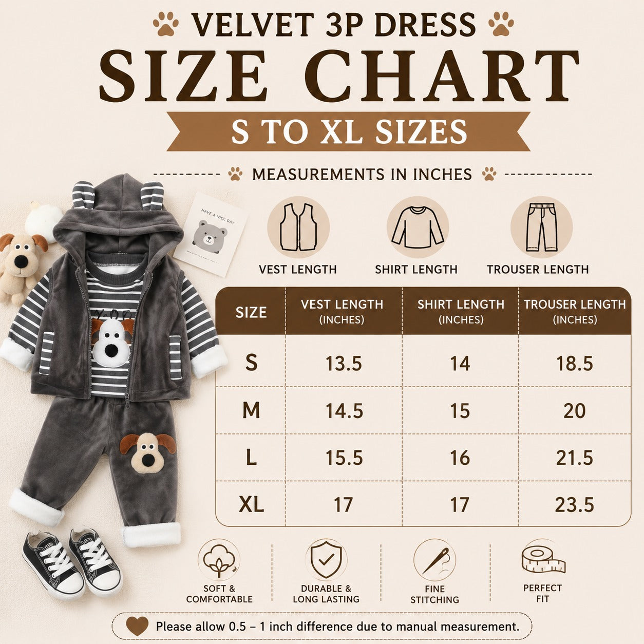 Boys Puppy Velvet 3PC Hooded Vest Set