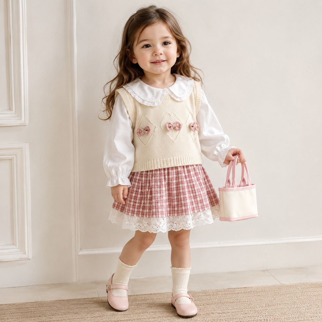 Bow Charm 3PC Sweater, Shirt & Skirt Set