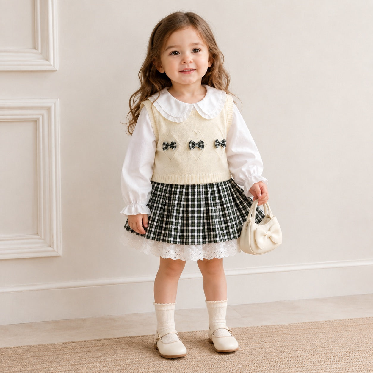 Bow Charm 3PC Sweater, Shirt & Skirt Set