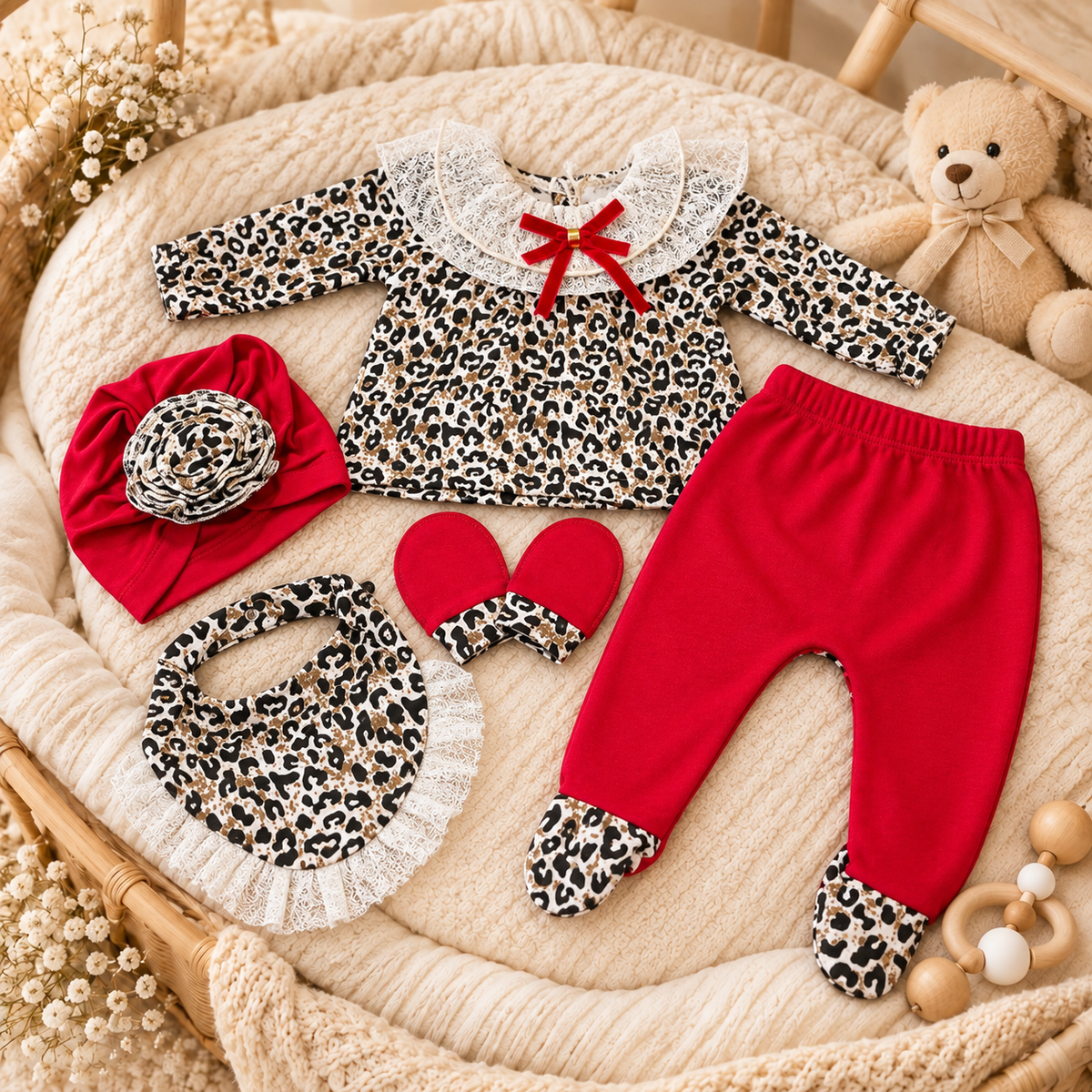 Baby Leopard Lace Bib & Footed Trouser 5PC Premium Starter Set