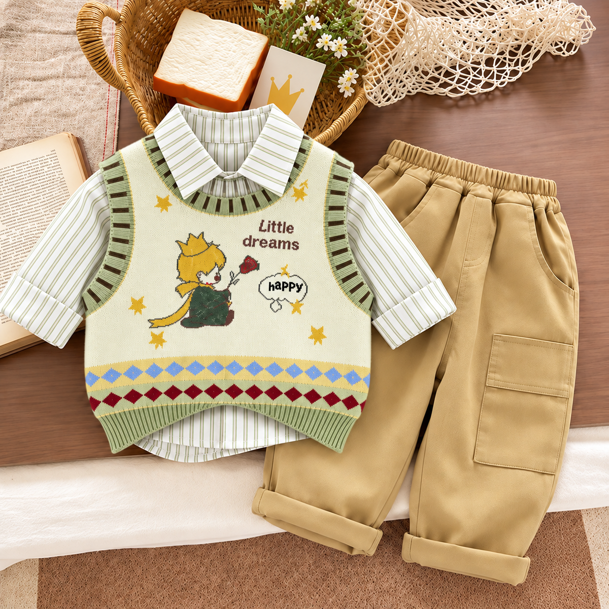 Boys Little Dreams Fox Knit Vest, Striped Shirt & Cargo Trouser 3PC Set