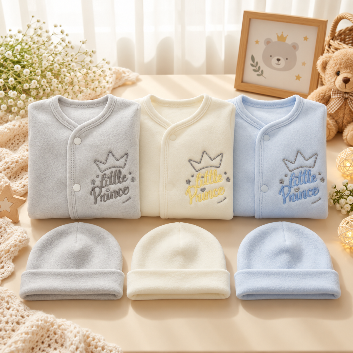 Grey, Cream and Light Blue newborn fleece-look wrap shirts displayed with matching folded-brim caps, featuring embroidered Little Prince crown designs.