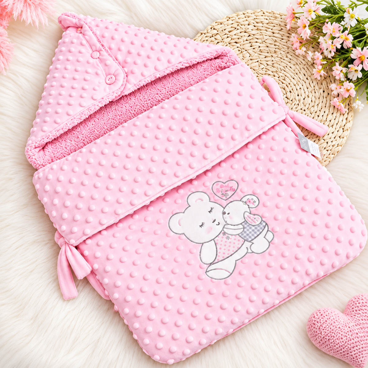 Pastel Pink hooded baby swaddle laid open on a soft white surface, showing raised dotted texture, buttoned hood, side ties and sleeping bear artwork.