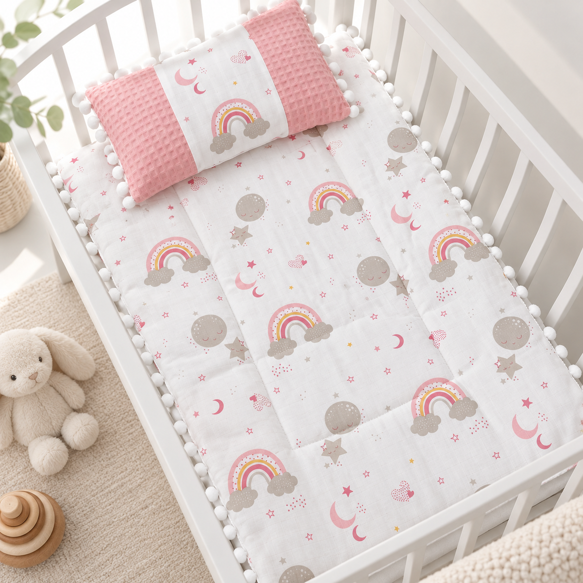 Light Pink rainbow, moon and star printed baby sleeping sheet with matching Pink textured-side pillow and pom pom edge in a cot.