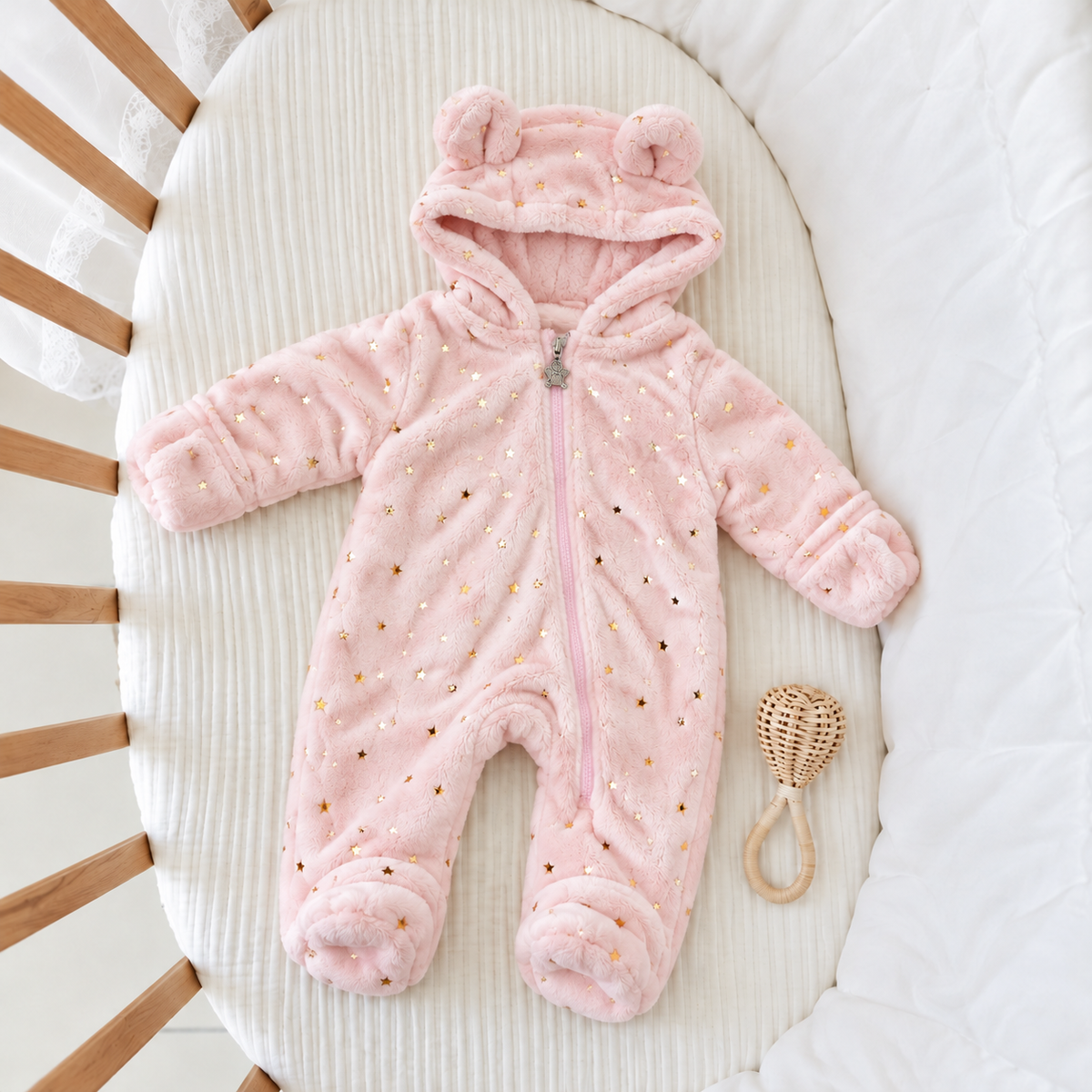 Baby Gold Star Bear Ear Shaggy Zip Romper