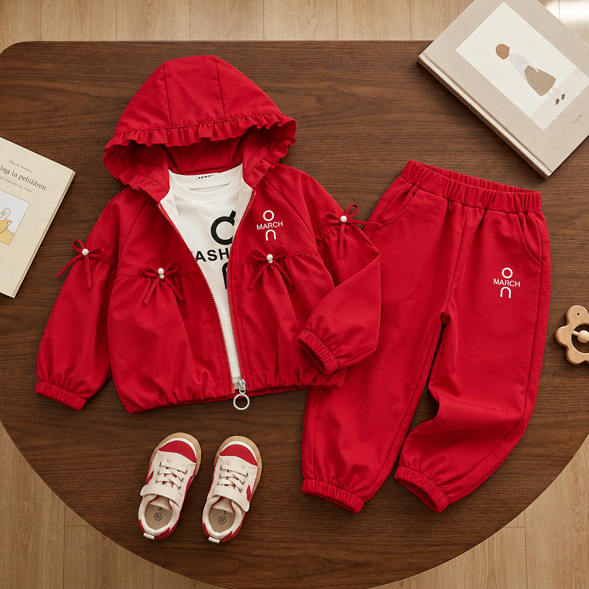 Red girls three-piece outfit flat lay with ruffle hooded zip jacket, white inner shirt and matching cuffed jogger trousers decorated with pearl-centre bows.
