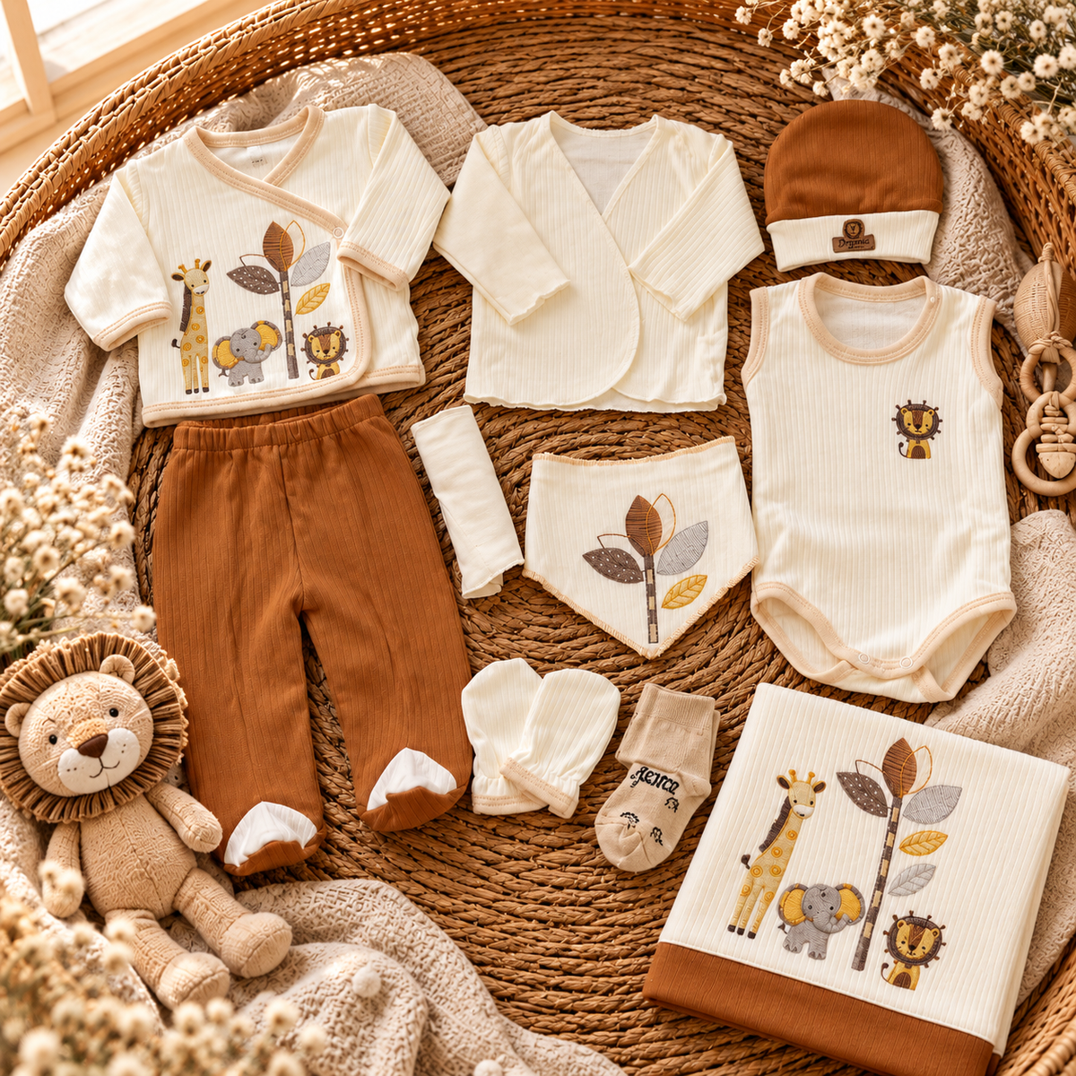 Brown safari animal baby premium starter set flat lay with giraffe, elephant and lion artwork, Brown footed trousers, folded cap, bib and matching wrap layers.